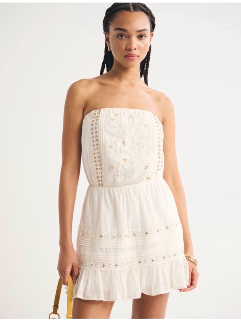 Abercrombie & Fitch Cream Strapless Embroidered Sundress with Gold Studs